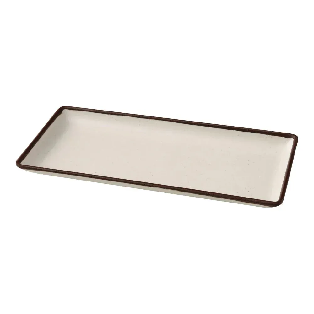 Yanco China white melamine rectangular plate with durable lightweight body for appetisers and sides at homes, cafes, or catering services.