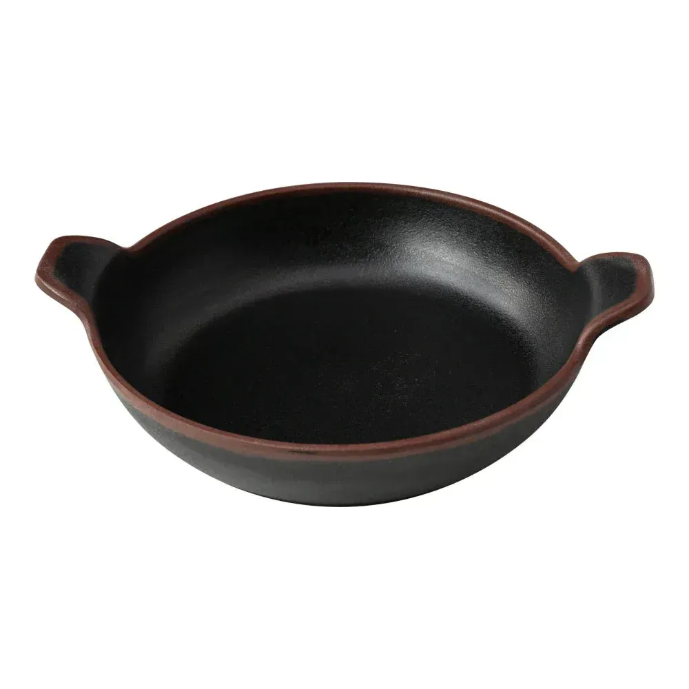 Yanco China black melamine round divided sauce dish with handle, designed for serving multiple condiments neatly during meals or tastings.