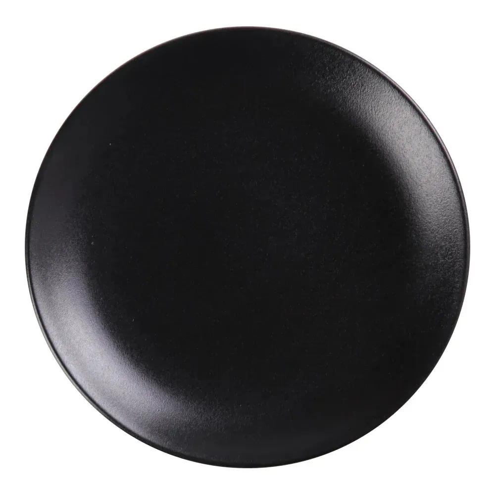 Small, round coupe plate with a sophisticated matte black finish by Yanco China, an excellent choice for presenting desserts or side dishes.