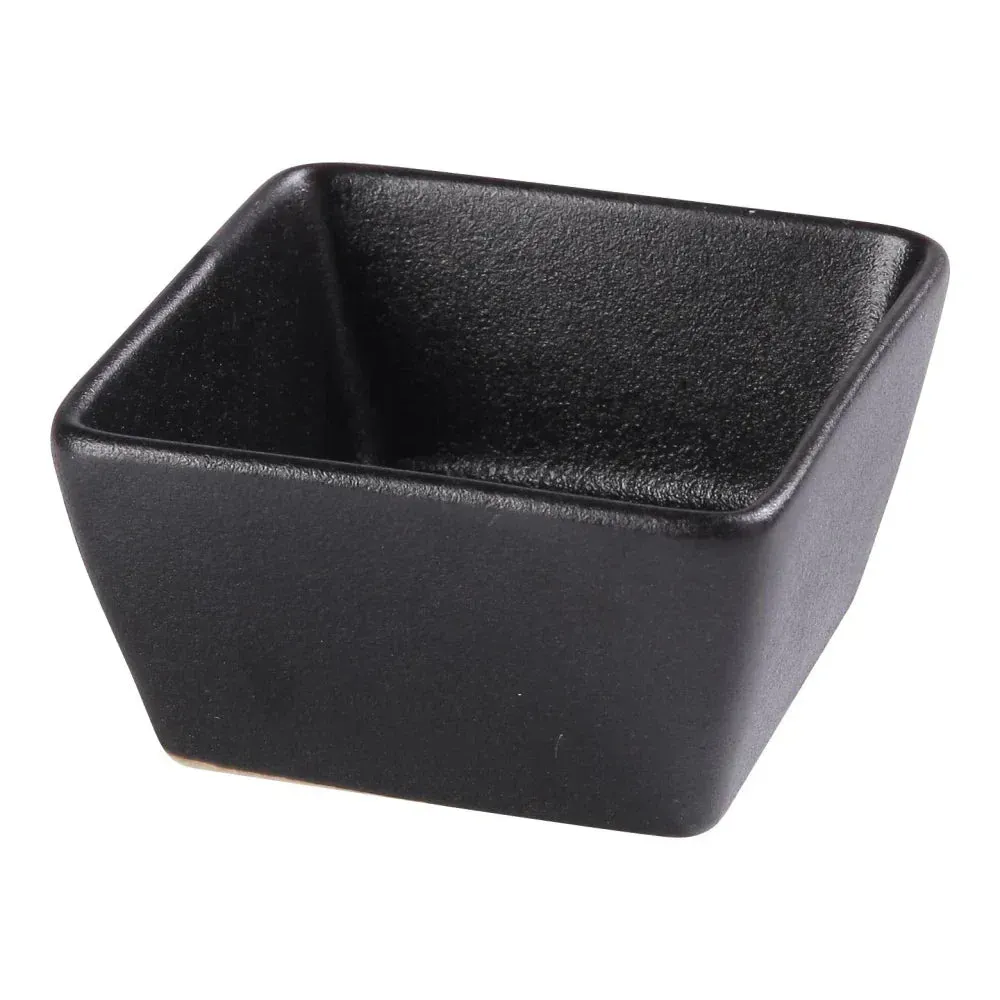Yanco China forty-eight petite black square sauce dishes, smooth finish, adding elegance to condiments in professional horeca service.