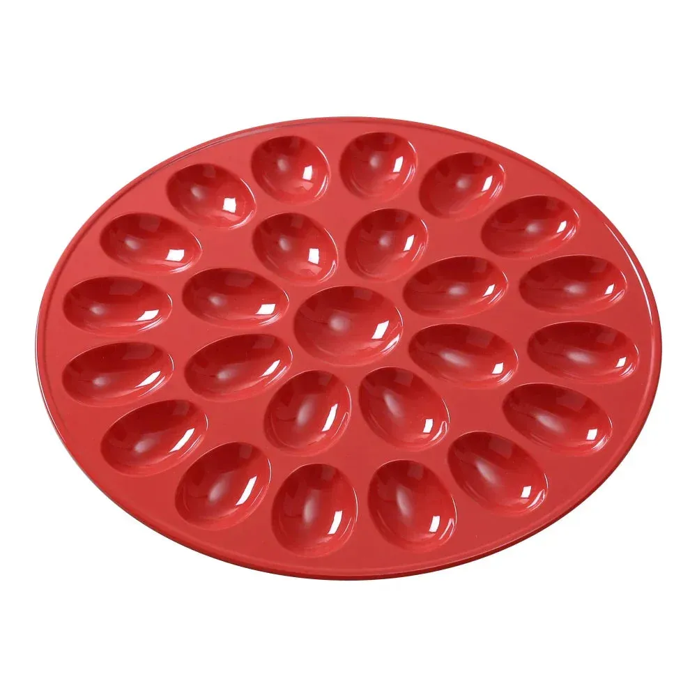 Yanco China vibrant red melamine egg holder presenting two dozen deviled eggs for hotel brunch buffets, restaurant catering, and café party spreads.