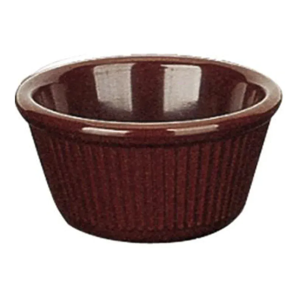 Yanco China mini brown fluted melamine ramekin for hotel condiment flights, restaurant spice portions, and café toppings; compact, stackable