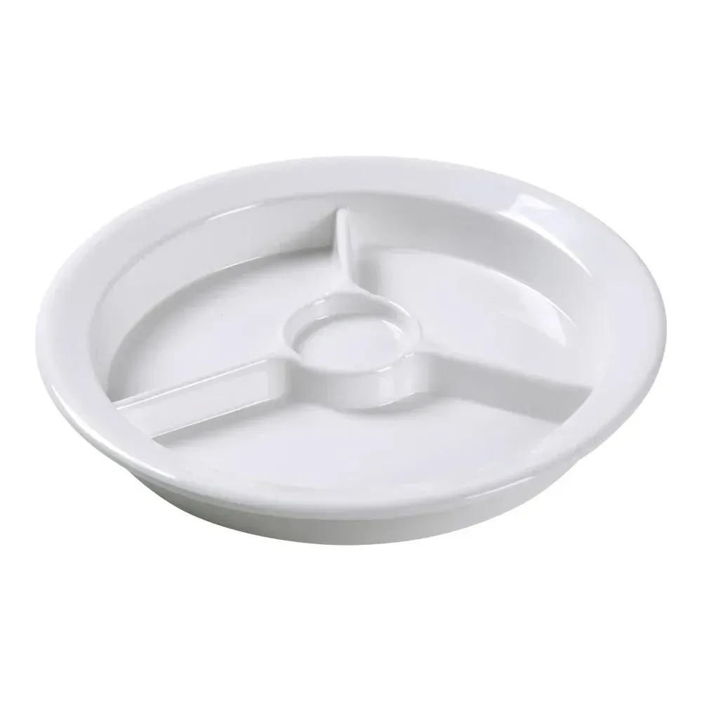 Yanco China ivory 3-compartment melamine tray with cup holder for hotel room service, restaurant lunches, and café smoothie sets; stackable, durable