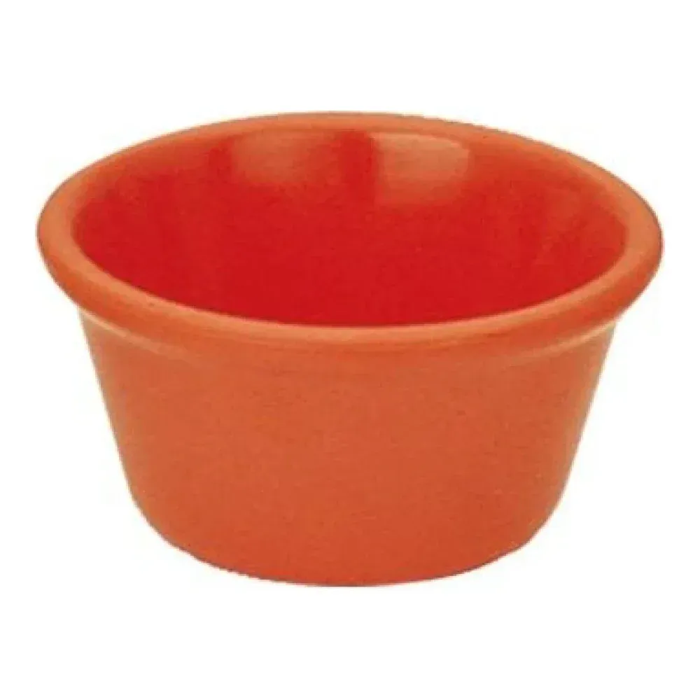 Yanco China smooth orange-red melamine ramekin, adds color to table, perfect for salsas, dips, individual desserts, durable daily use.