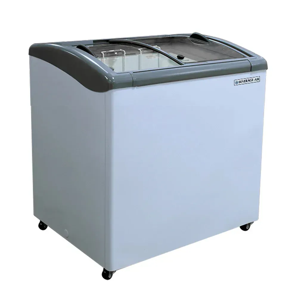 Beverage-Air curved lid novelty freezer with LED lighting, countertop size, stainless steel, ideal for frozen treats in tight spaces.