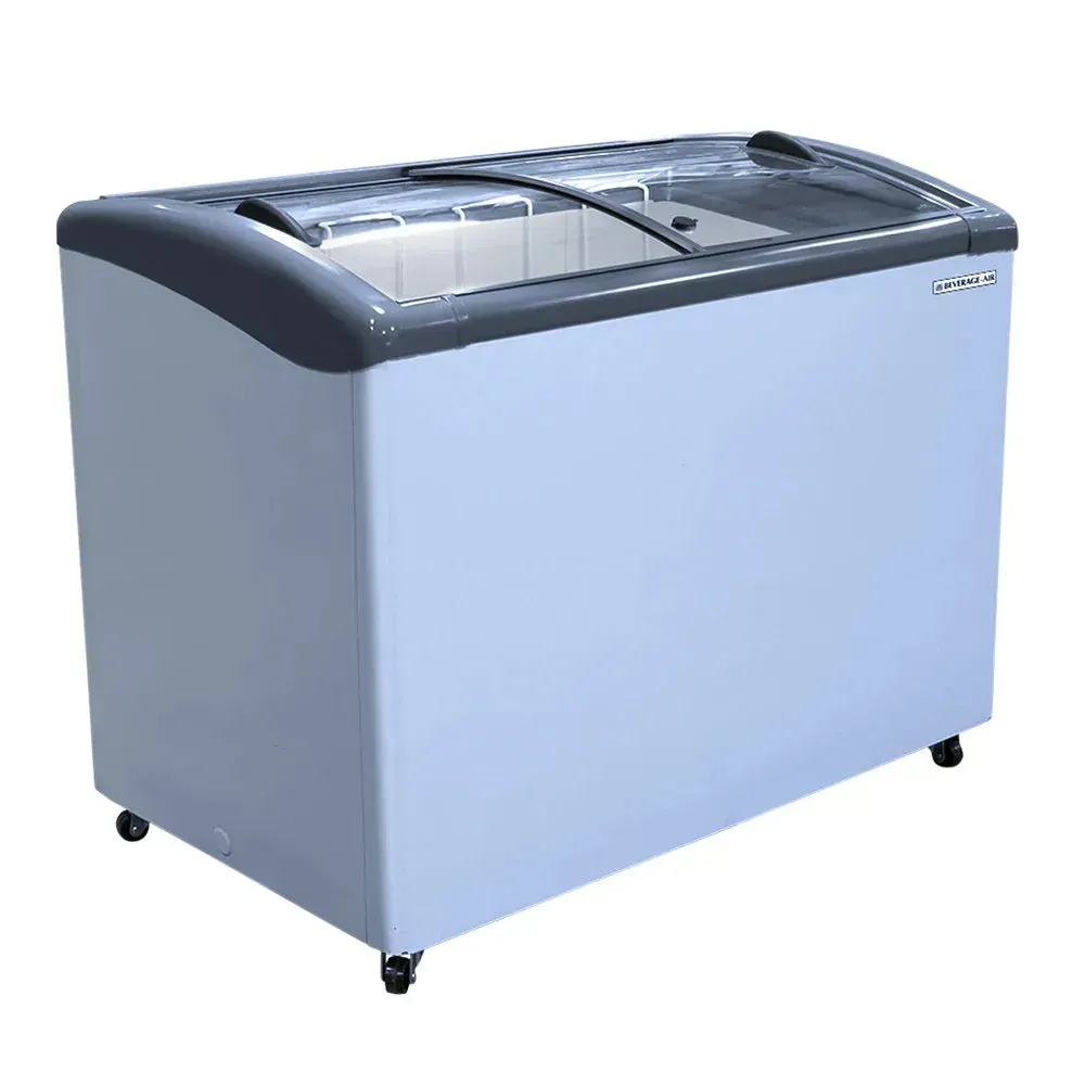 Beverage-Air curved lid novelty freezer with LED interior, stainless steel, compact merchandiser perfect for cafes and small shops.