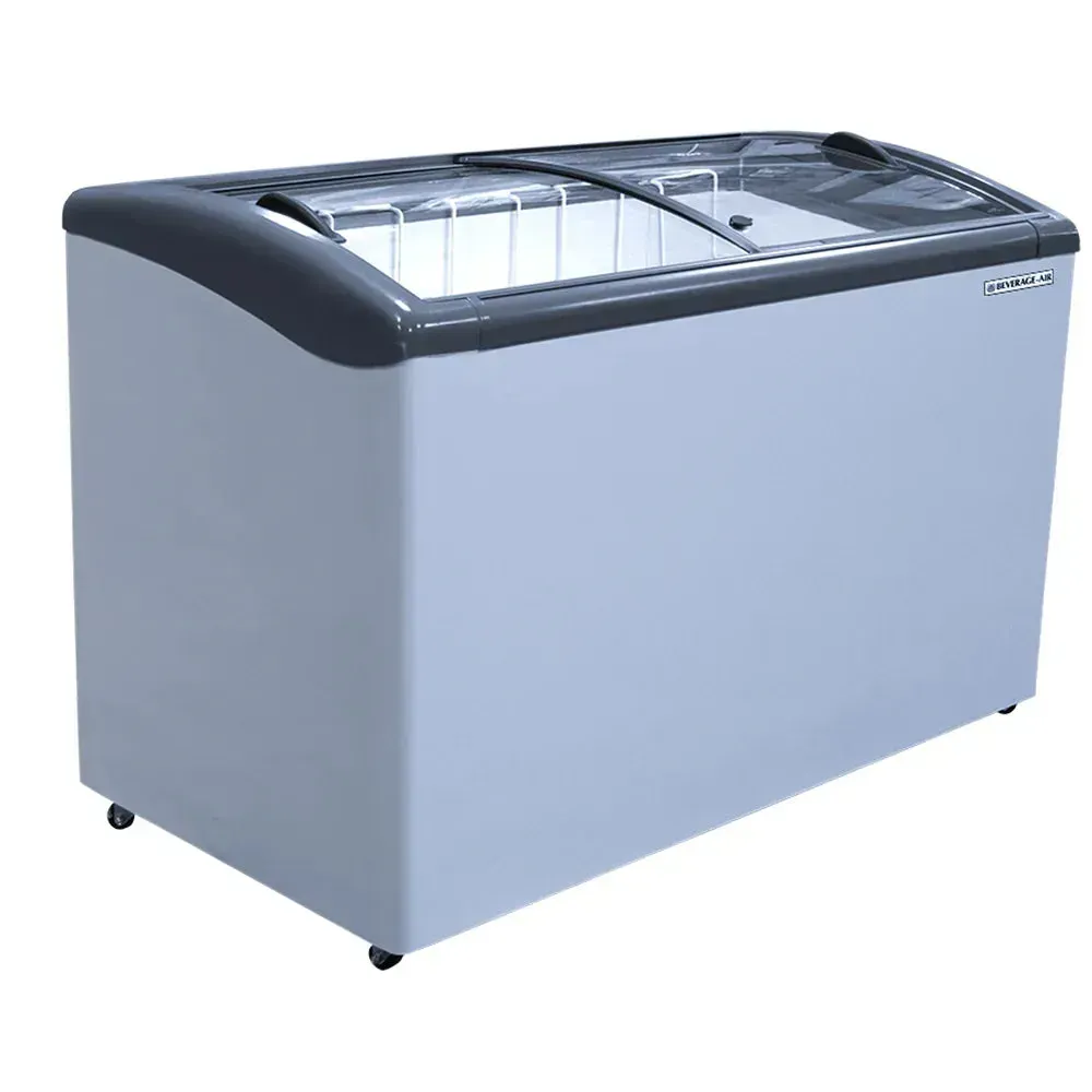Beverage-Air curved top display freezer with bright LED interior and white finish, compact design for showcasing frozen novelties.