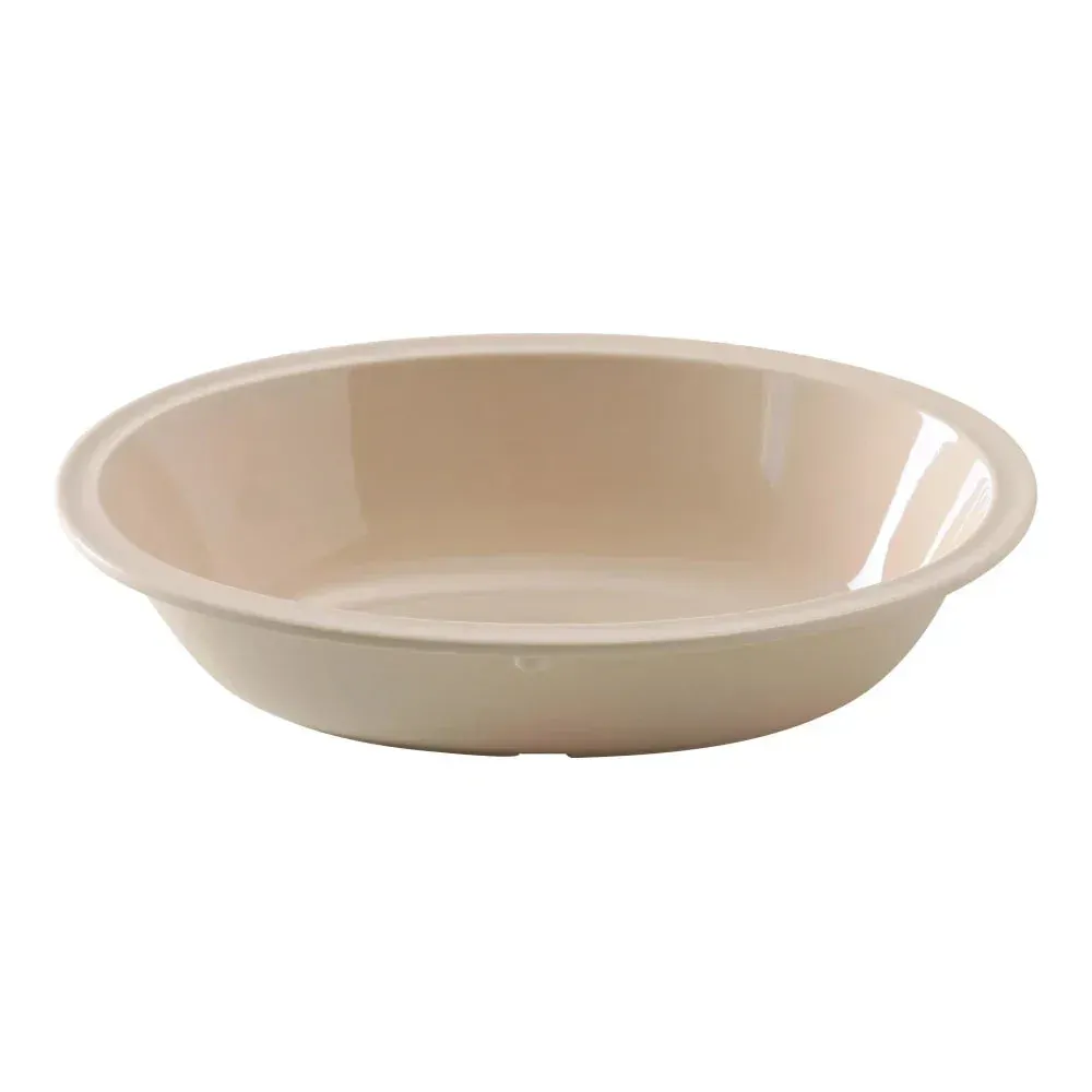 Small oval bowl made of durable tan melamine from Yanco China, perfect for serving sides, sauces, or individual desserts with a neutral look.