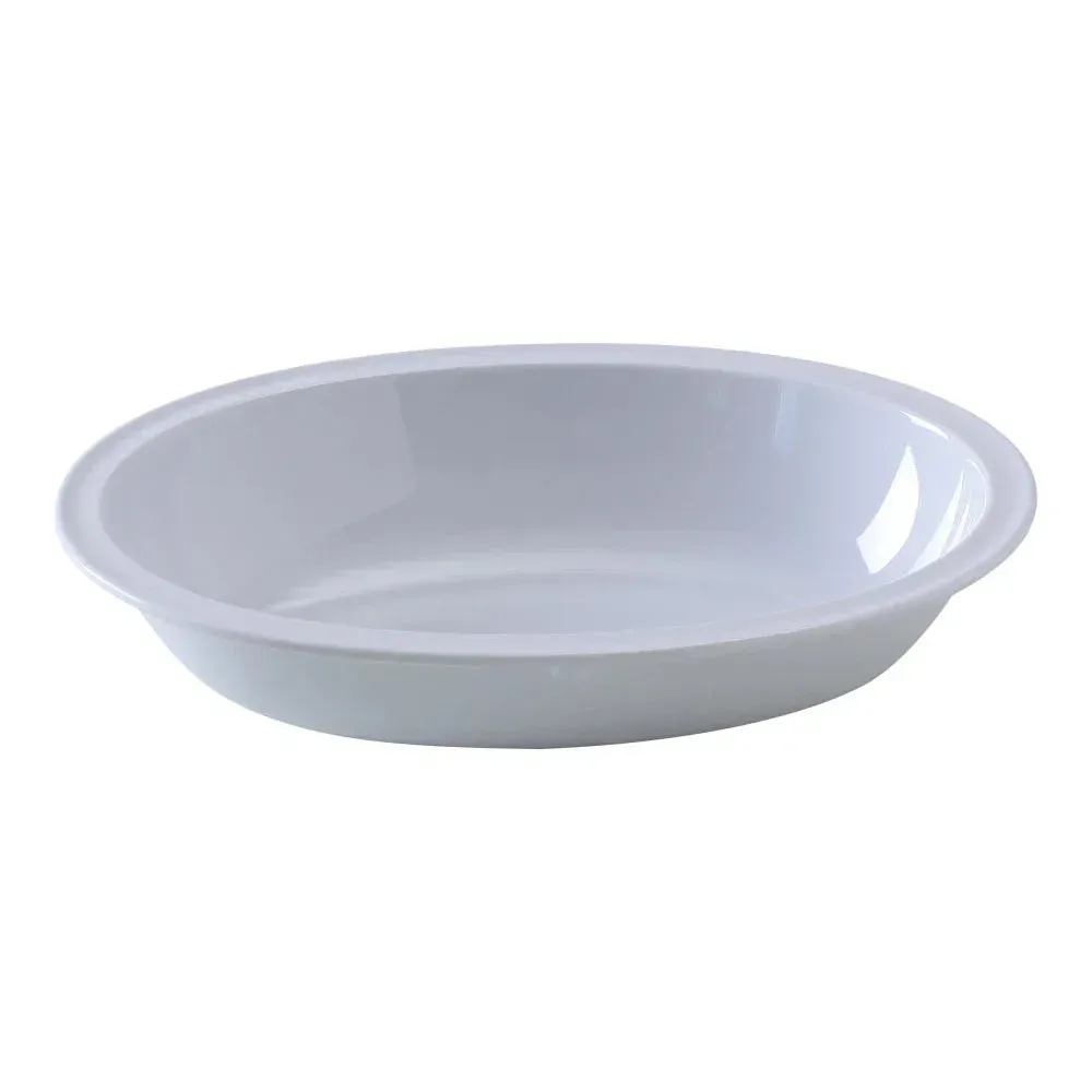 Medium capacity oval bowl in classic white melamine from Yanco China, a shatterproof and lightweight option for serving shared side dishes.