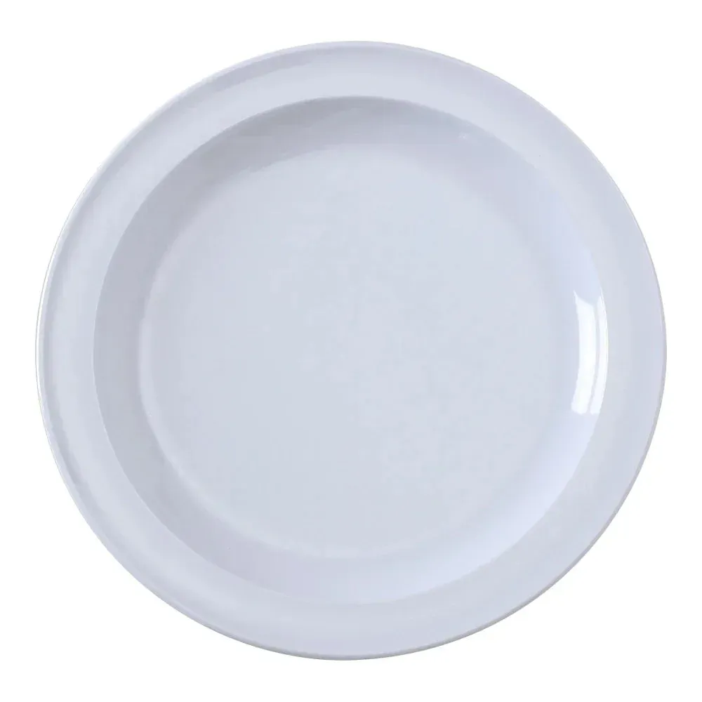 Very small round melamine plate in classic white by Yanco China, a durable and shatterproof saucer ideal for use in high volume settings.