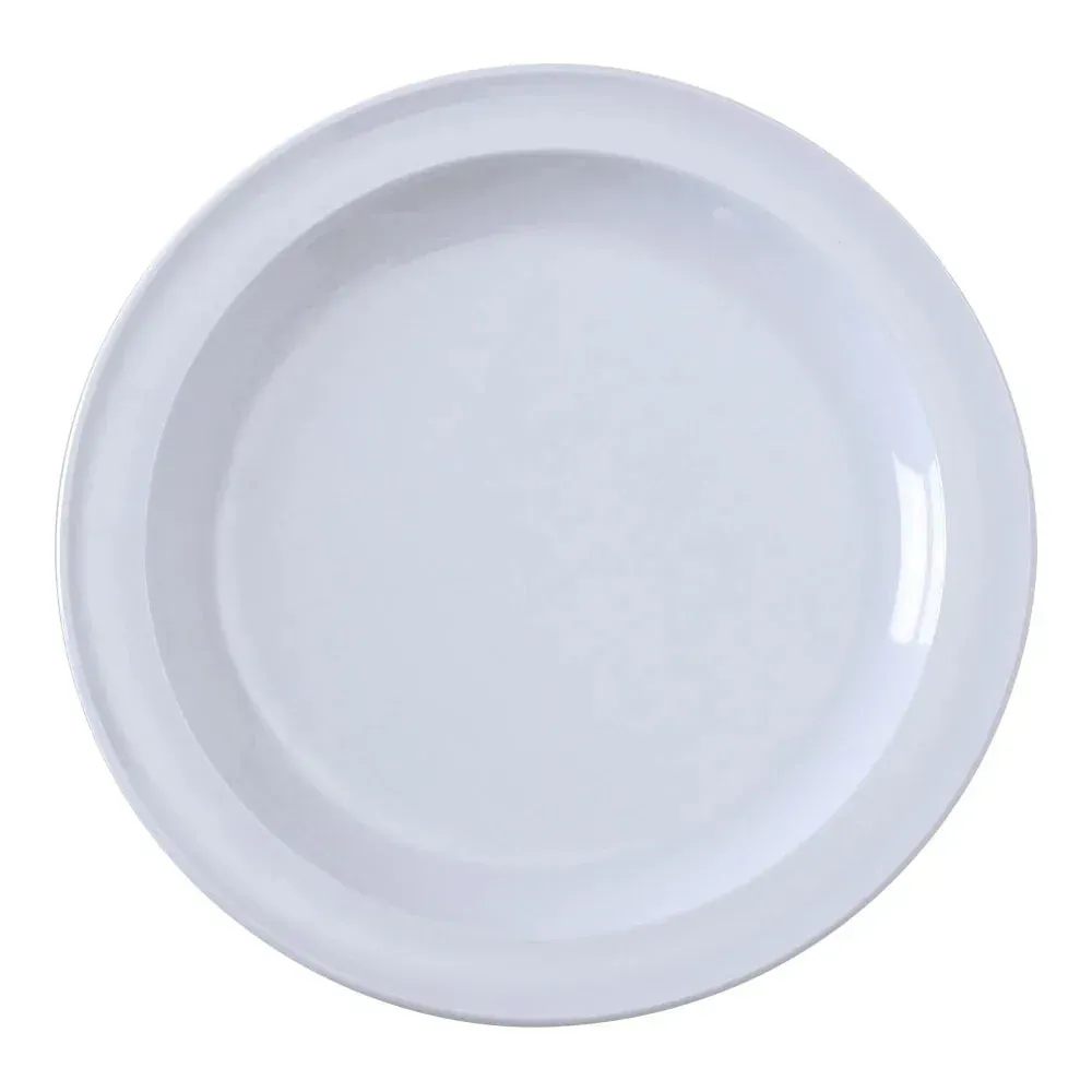 Small round melamine plate in a classic white color by Yanco China, a practical and shatterproof choice for everyday foodservice operations.