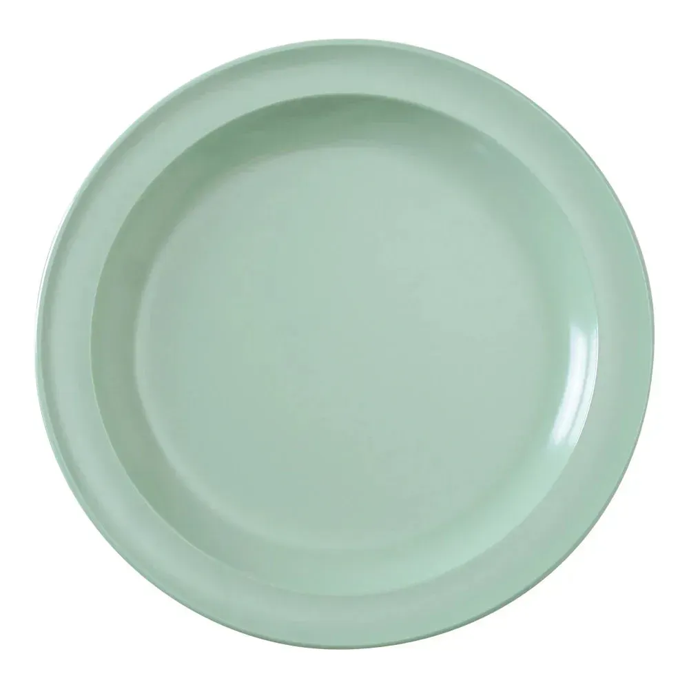 Medium round melamine dinner plate in a pleasant green color from Yanco China, a lightweight and break resistant plate for cafeterias.