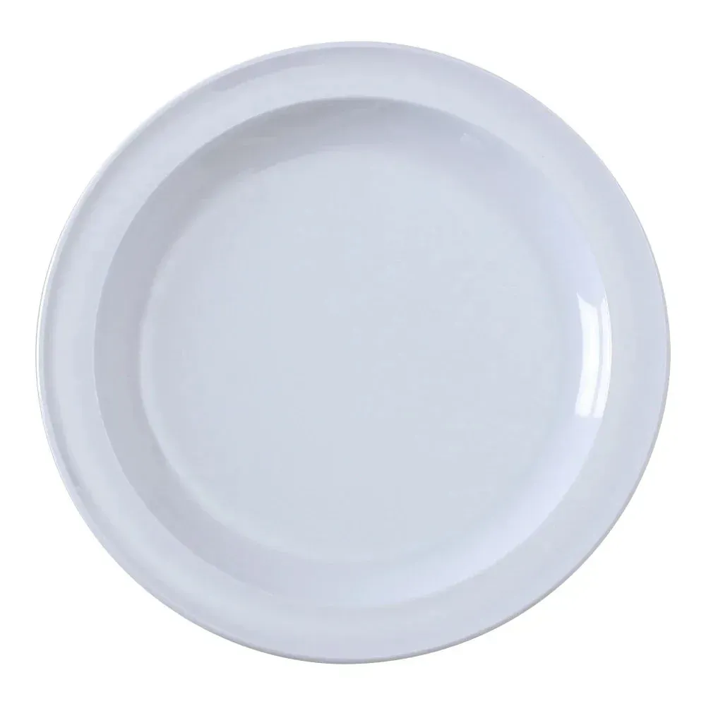 Large round dinner plate made of durable white melamine from Yanco China, a break resistant and lightweight option for high volume dining.