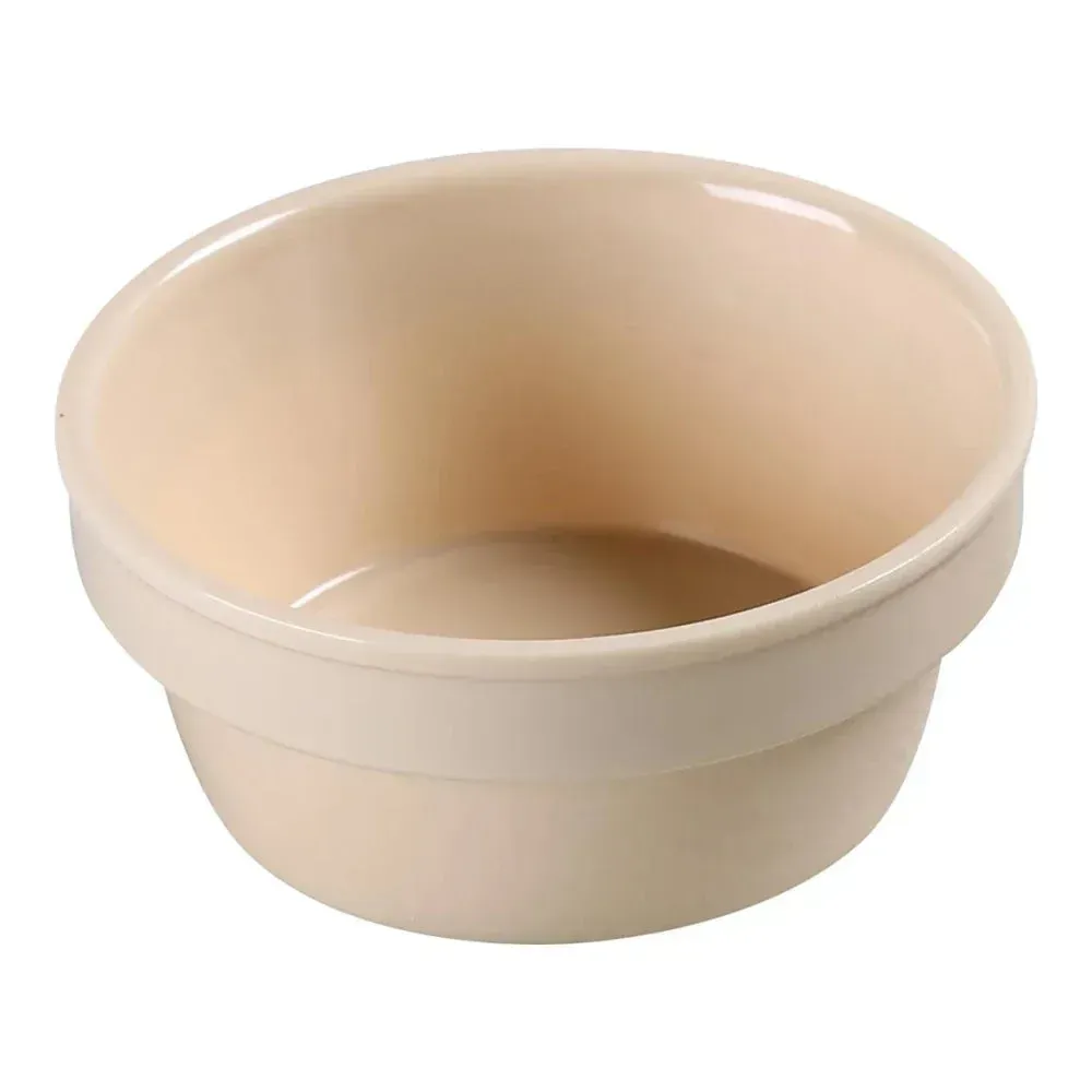 Yanco China tan melamine sauce cup, designed for condiments or tasting portions in events, strong, smooth, lightweight, and easy to clean.