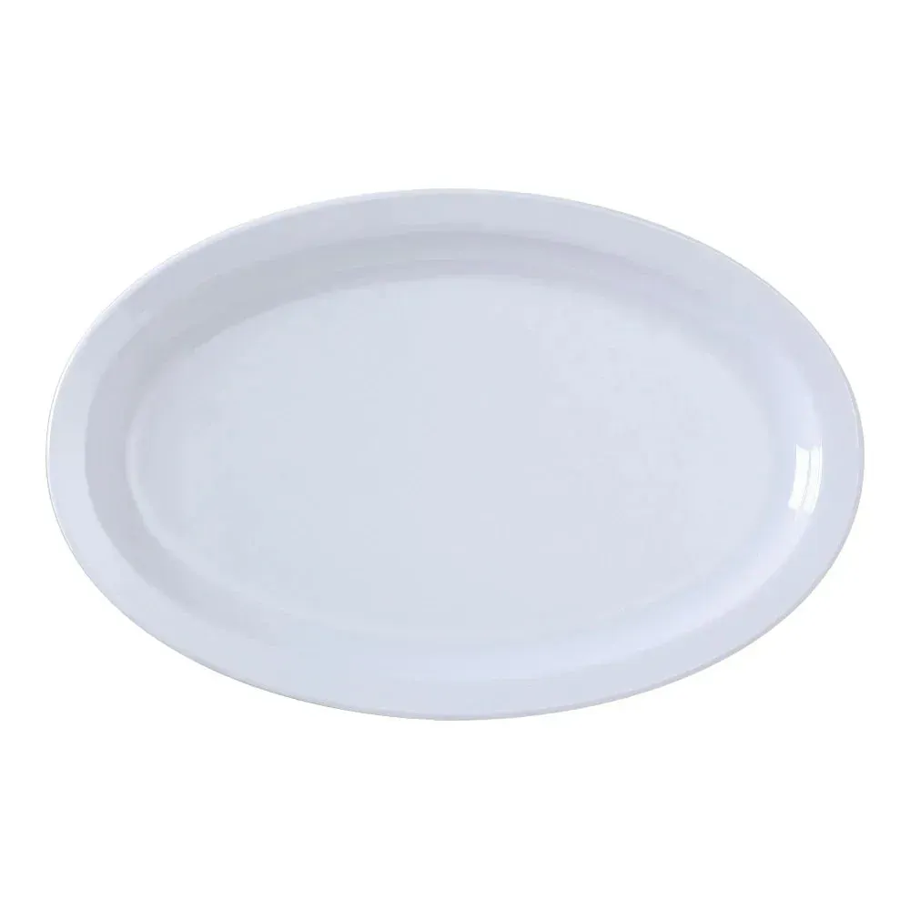 Yanco China white melamine oval platter with narrow rim for professional serving in restaurants, catering, and hospitality operations.