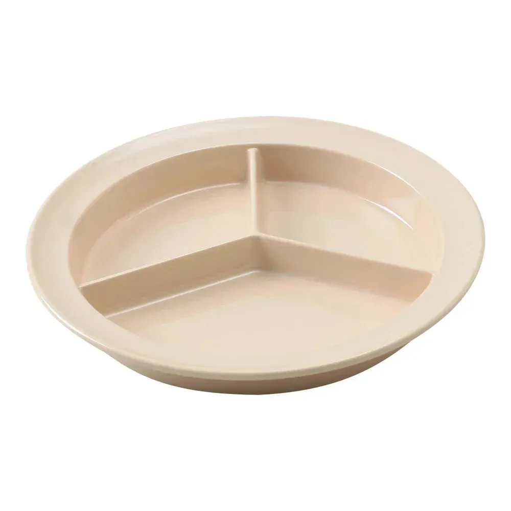 Yanco China durable tan melamine deep three-section plate with smooth finish, ideal for restaurants, cafeterias, and daily catering service.