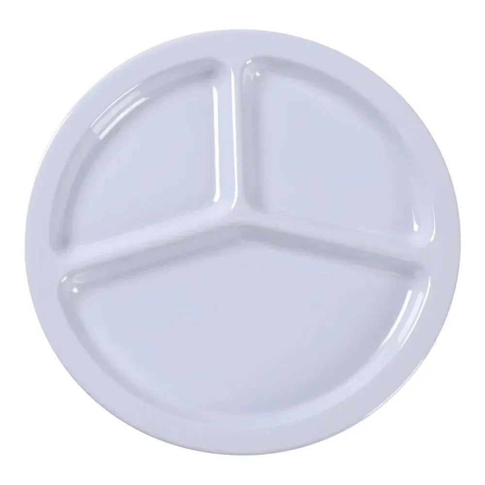 Yanco China crisp white melamine three-compartment plate ensures tidy, attractive meal presentation for casual dining and institutional service.