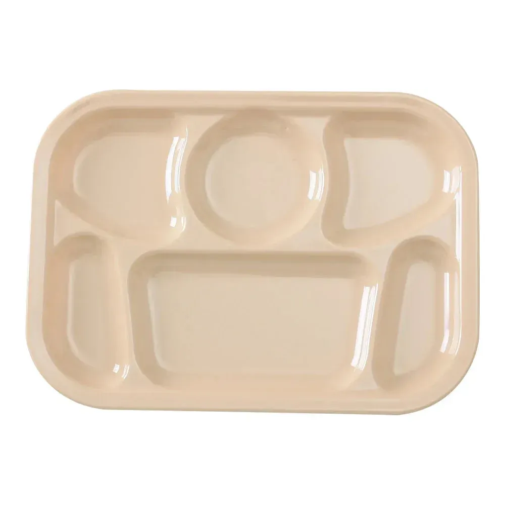 Yanco China tan melamine six-section compartment plate offers durable, organized serving for cafeterias, catering, and large dining events.