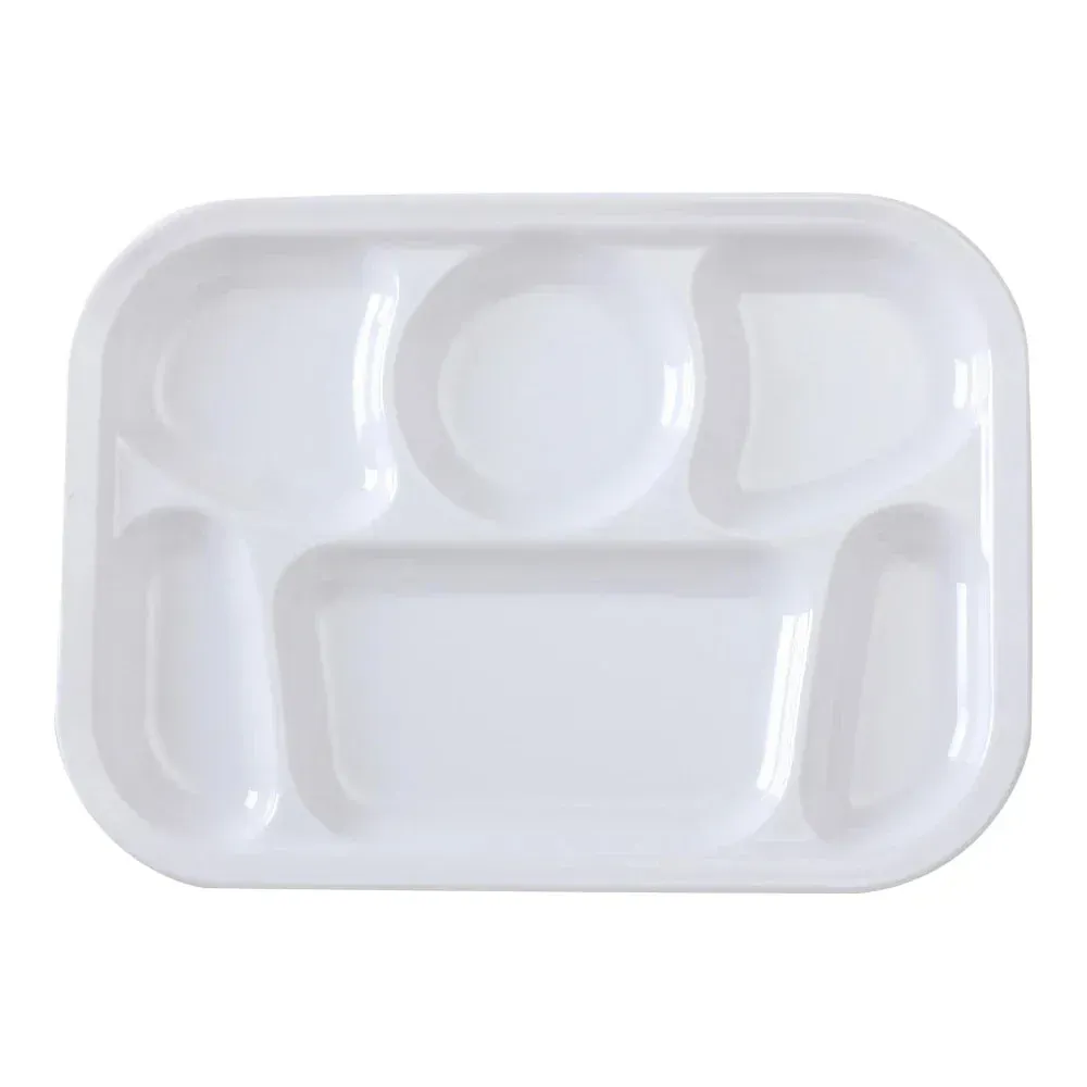 Yanco China white melamine compartment plate with six sections, perfect for organized meals in schools, healthcare, and institutional service.