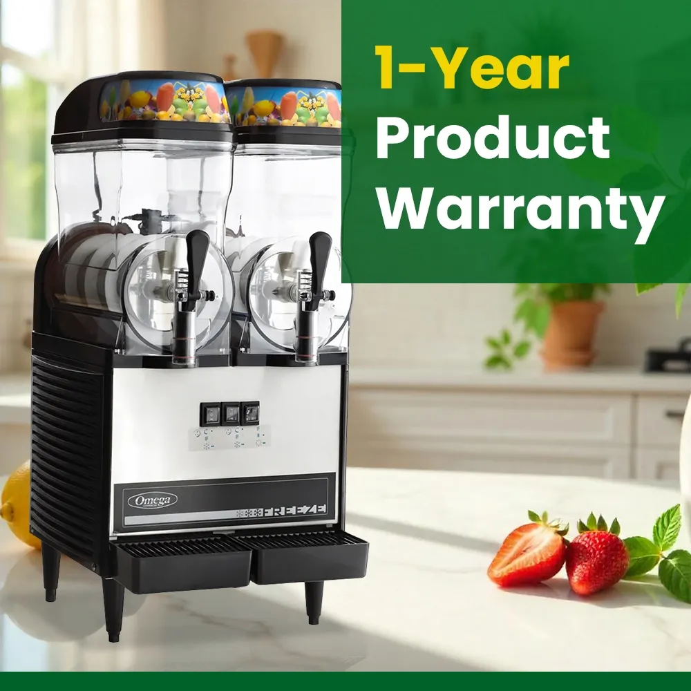 Omega Juicer double bowl commercial granita machine for frozen beverages, delivering efficient service in cafes and horeca venues.