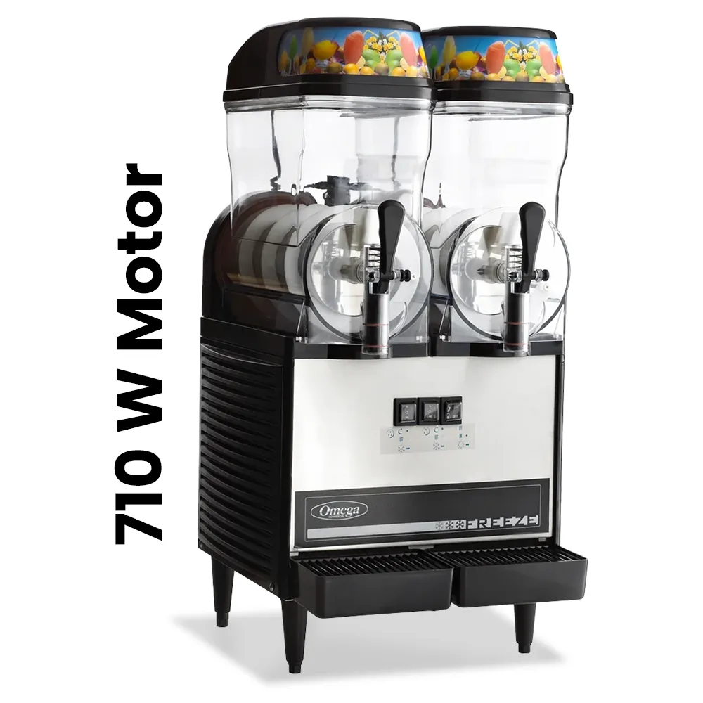 Omega Juicer double bowl commercial granita machine for frozen beverages, delivering efficient service in cafes and horeca venues.