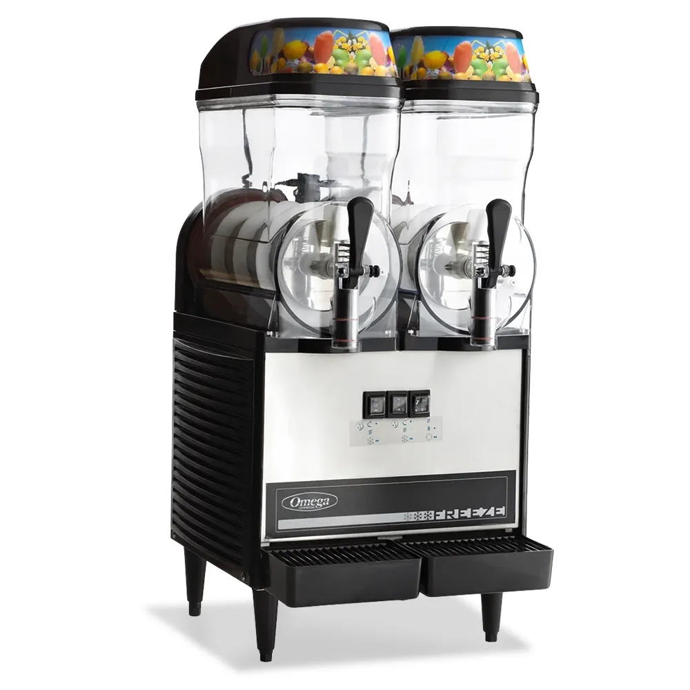 Omega Juicer double bowl commercial granita machine for frozen beverages, delivering efficient service in cafes and horeca venues.