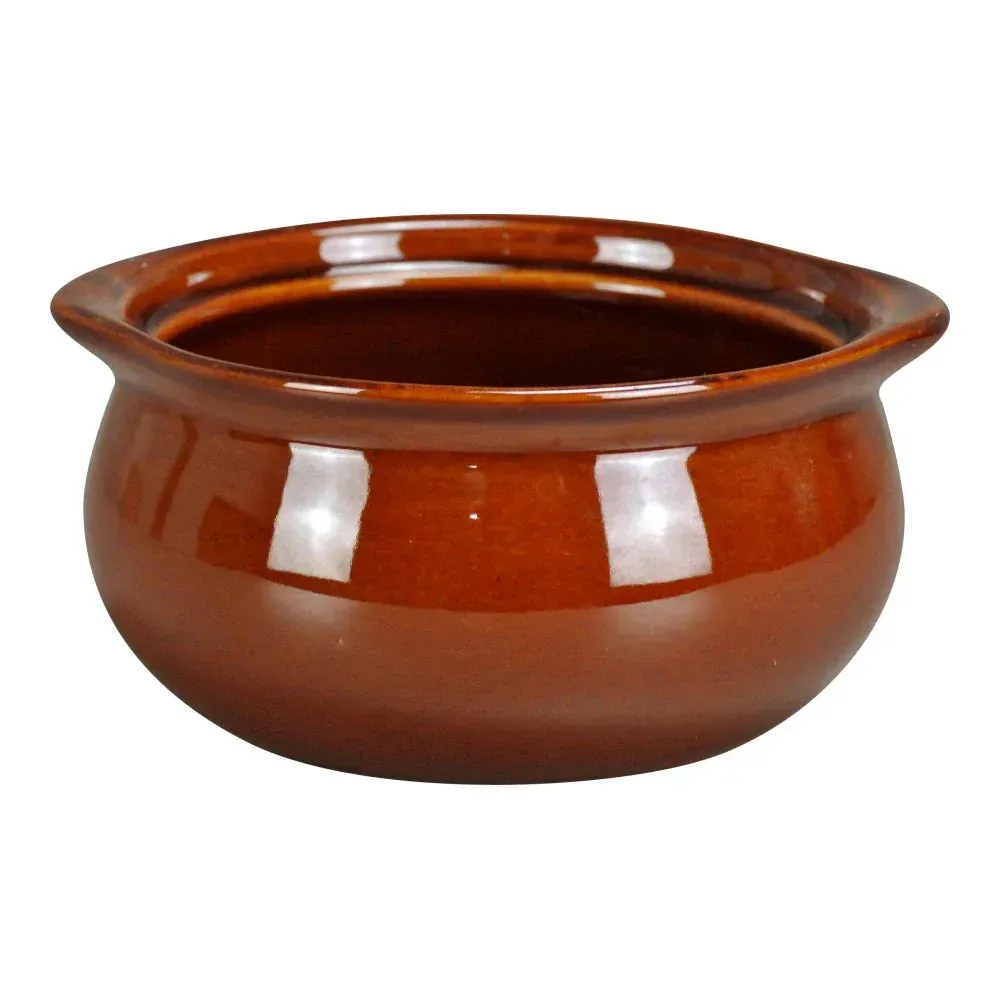 Small brown Yanco China crock, perfect for individual soups or stews, durable, oven safe, stackable stoneware, chip-resistant, easy cleanup.