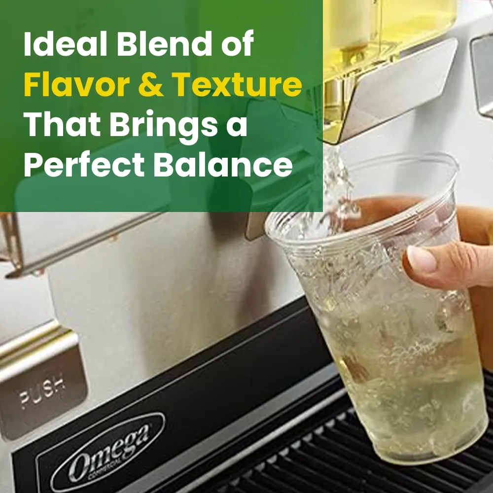 Omega Juicer single commercial beverage dispenser with clear container, stainless steel front, and push lever for serving fresh cold drinks.