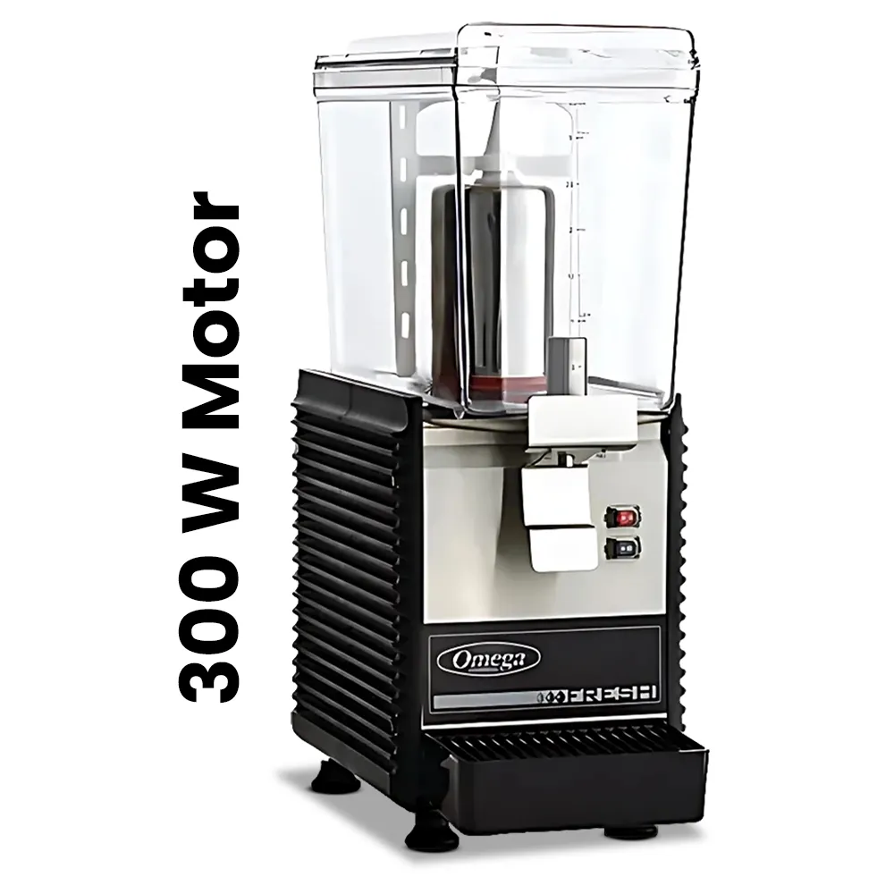 Omega Juicer single commercial beverage dispenser with clear container, stainless steel front, and push lever for serving fresh cold drinks.