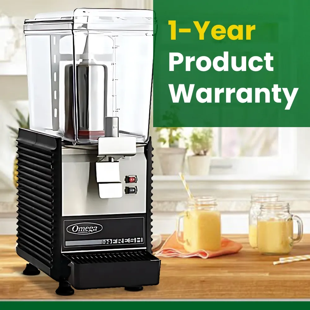 Omega Juicer single commercial beverage dispenser with clear container, stainless steel front, and push lever for serving fresh cold drinks.