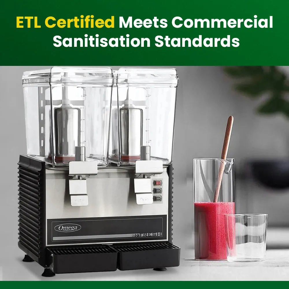 Omega Juicer double beverage dispenser with two clear containers, stainless steel front, and push levers for easily dispensing chilled drinks.