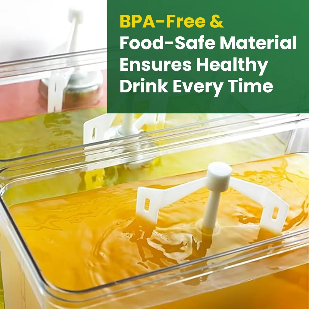 Omega Juicer double beverage dispenser with two clear containers, stainless steel front, and push levers for easily dispensing chilled drinks.