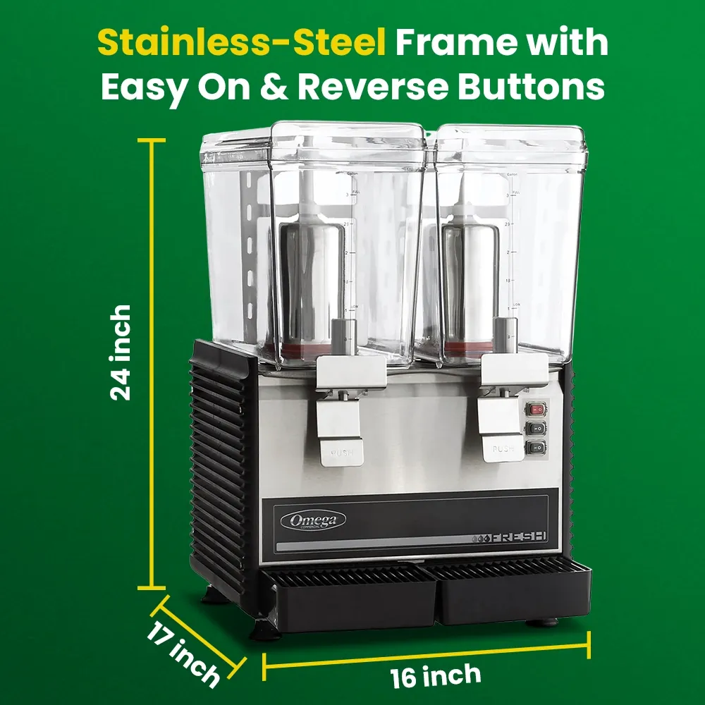 Omega Juicer double beverage dispenser with two clear containers, stainless steel front, and push levers for easily dispensing chilled drinks.