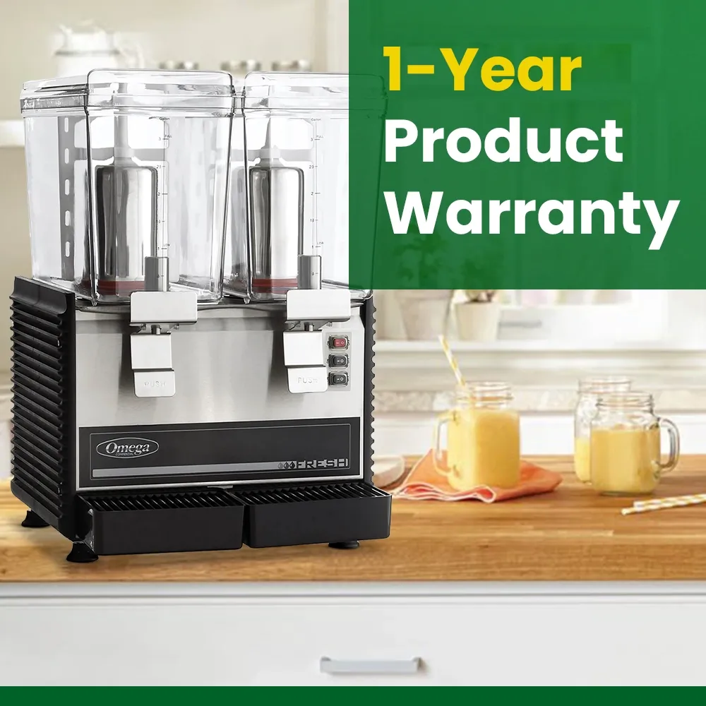 Omega Juicer double beverage dispenser with two clear containers, stainless steel front, and push levers for easily dispensing chilled drinks.