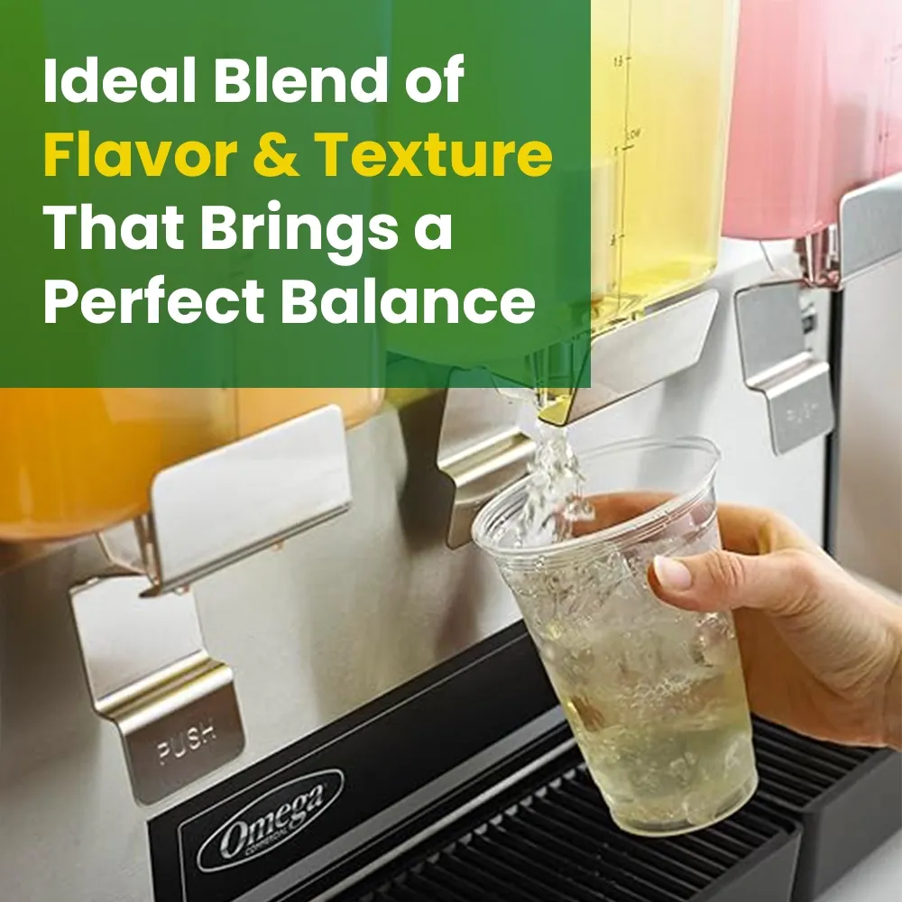 Omega Juicer triple beverage dispenser with three clear containers, stainless steel base, and push levers for serving refreshing cold drinks.