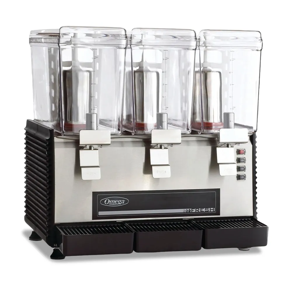 Omega Juicer triple beverage dispenser with three clear containers, stainless steel base, and push levers for serving refreshing cold drinks.