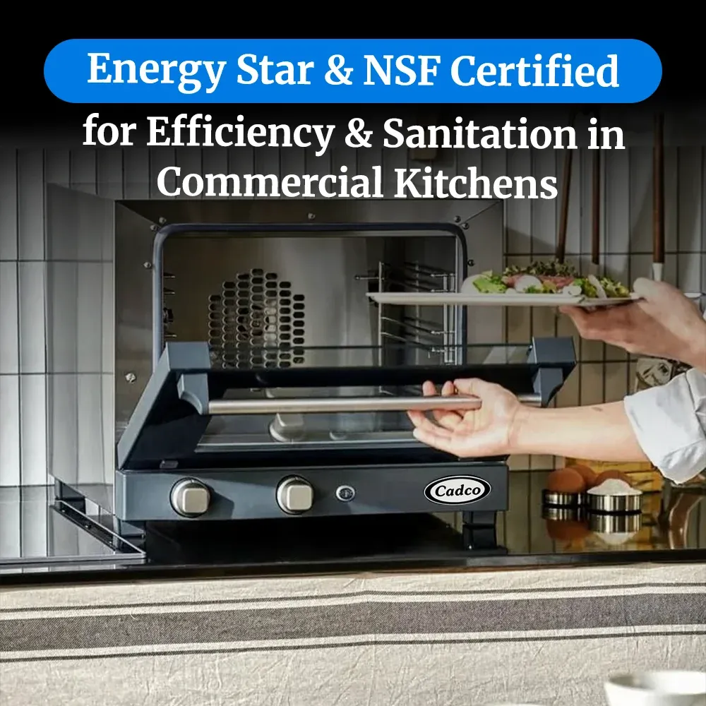 Cadco three-shelf quarter-size convection oven with manual controls, stainless steel body, and compact build ideal for catering and small kitchens.