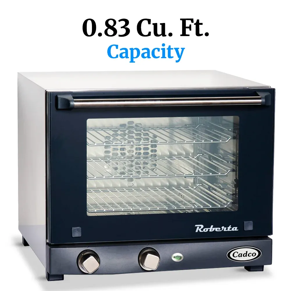 Cadco three-shelf quarter-size convection oven with manual controls, stainless steel body, and compact build ideal for catering and small kitchens.