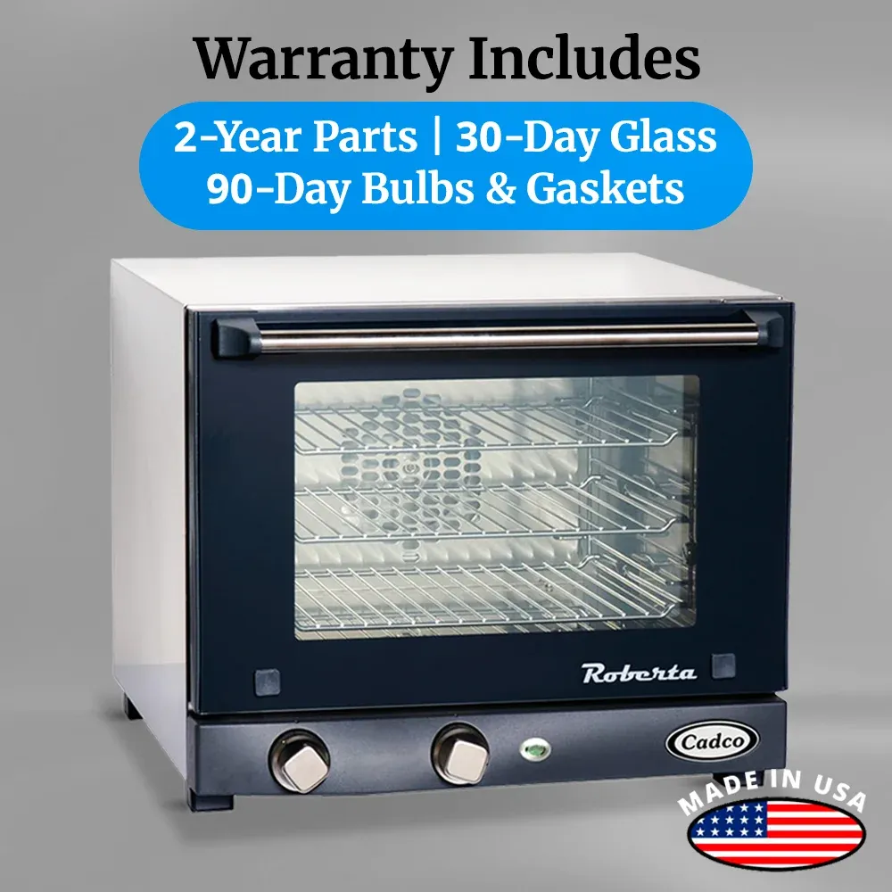 Cadco three-shelf quarter-size convection oven with manual controls, stainless steel body, and compact build ideal for catering and small kitchens.