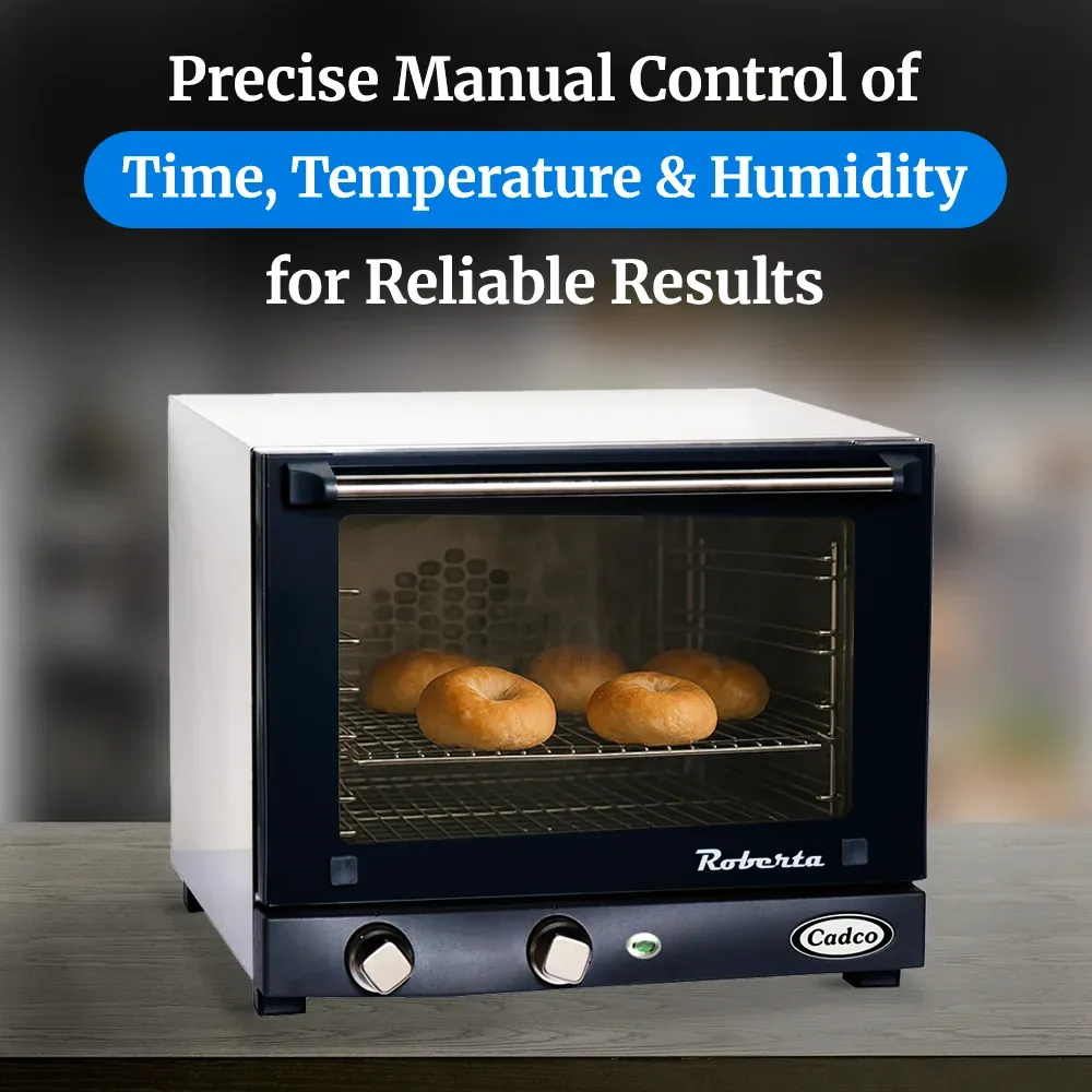 Cadco three-shelf quarter-size convection oven with manual controls, stainless steel body, and compact build ideal for catering and small kitchens.