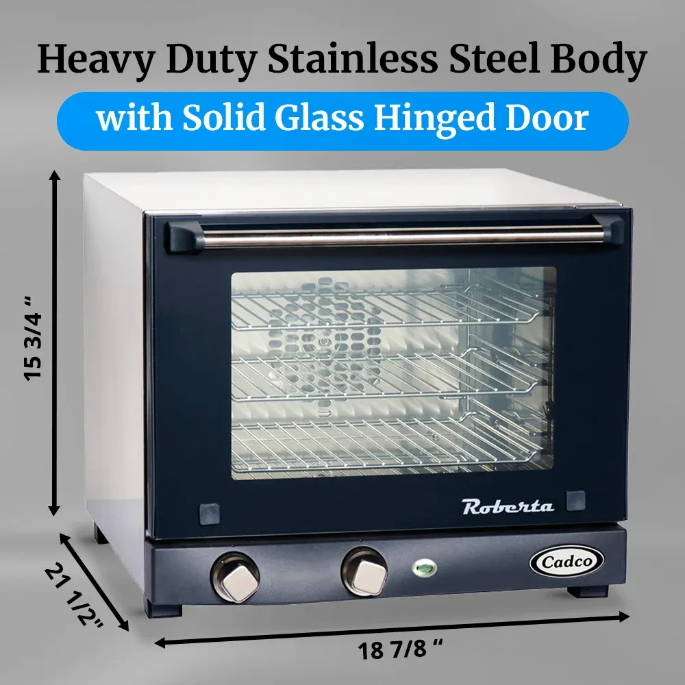 Cadco three-shelf quarter-size convection oven with manual controls, stainless steel body, and compact build ideal for catering and small kitchens.