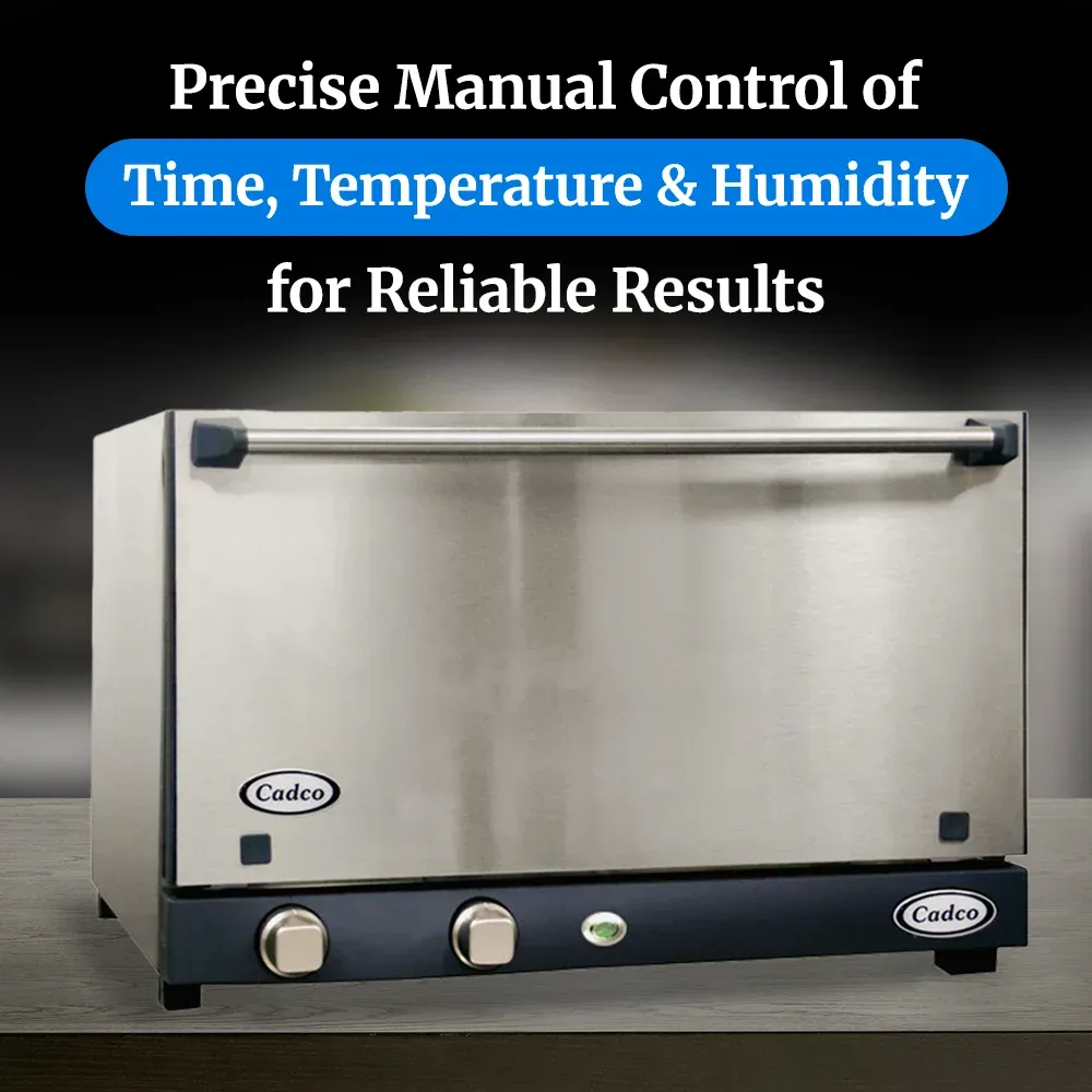 Cadco three-shelf half-size convection oven with stainless steel door, manual controls, and a compact, durable build for catering operations.