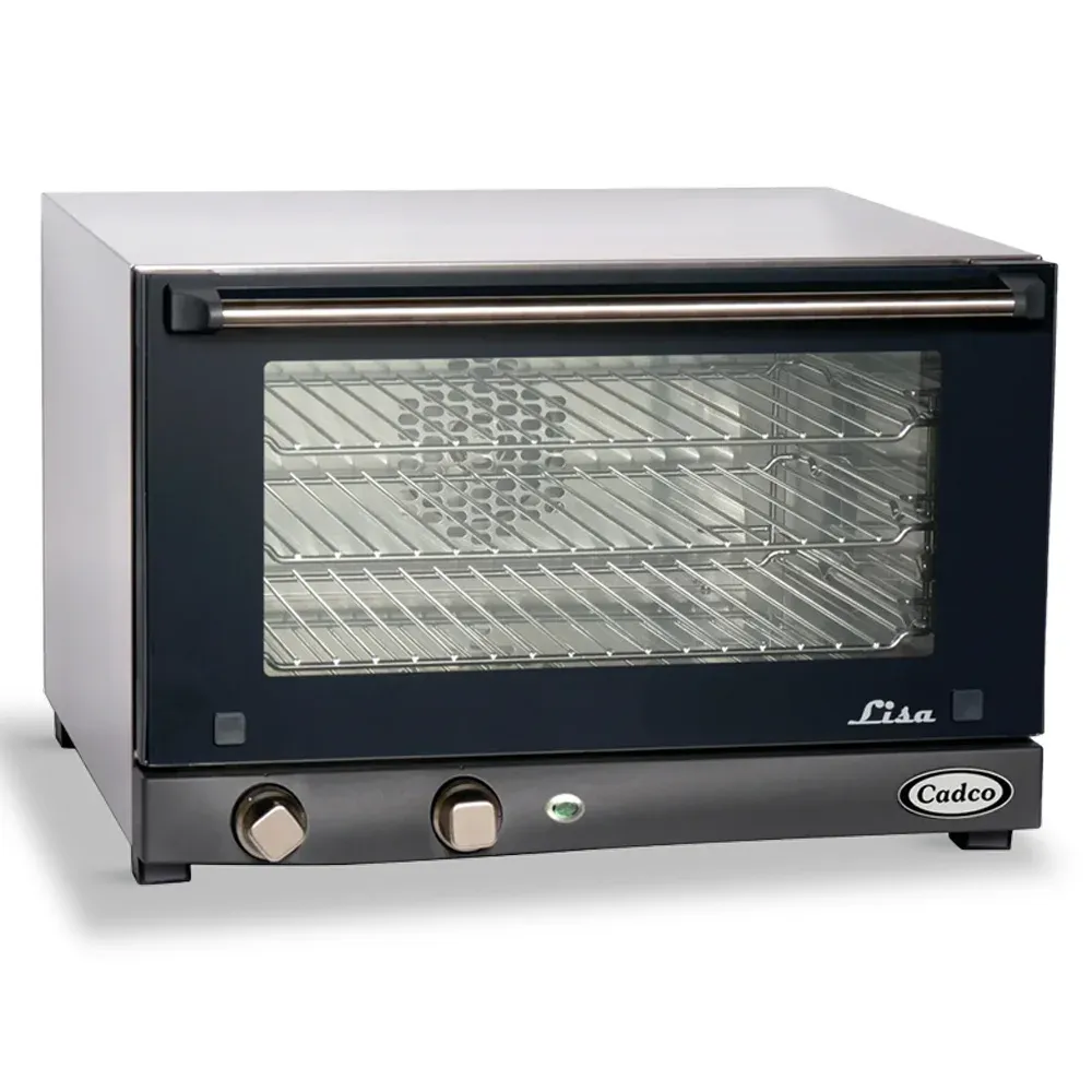 Cadco three-shelf half-size medium-duty convection oven, manual countertop stainless steel, compact adjustable durable catering kitchen.