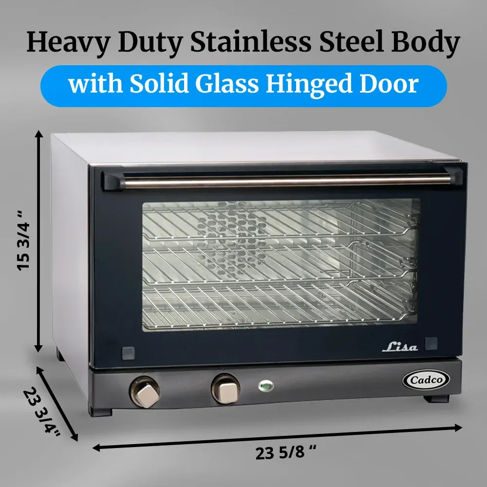 Cadco three-shelf half-size medium-duty convection oven, manual countertop stainless steel, compact adjustable durable catering kitchen.