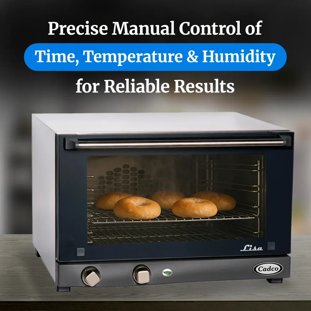 Cadco three-shelf half-size medium-duty convection oven, manual countertop stainless steel, compact adjustable durable catering kitchen.