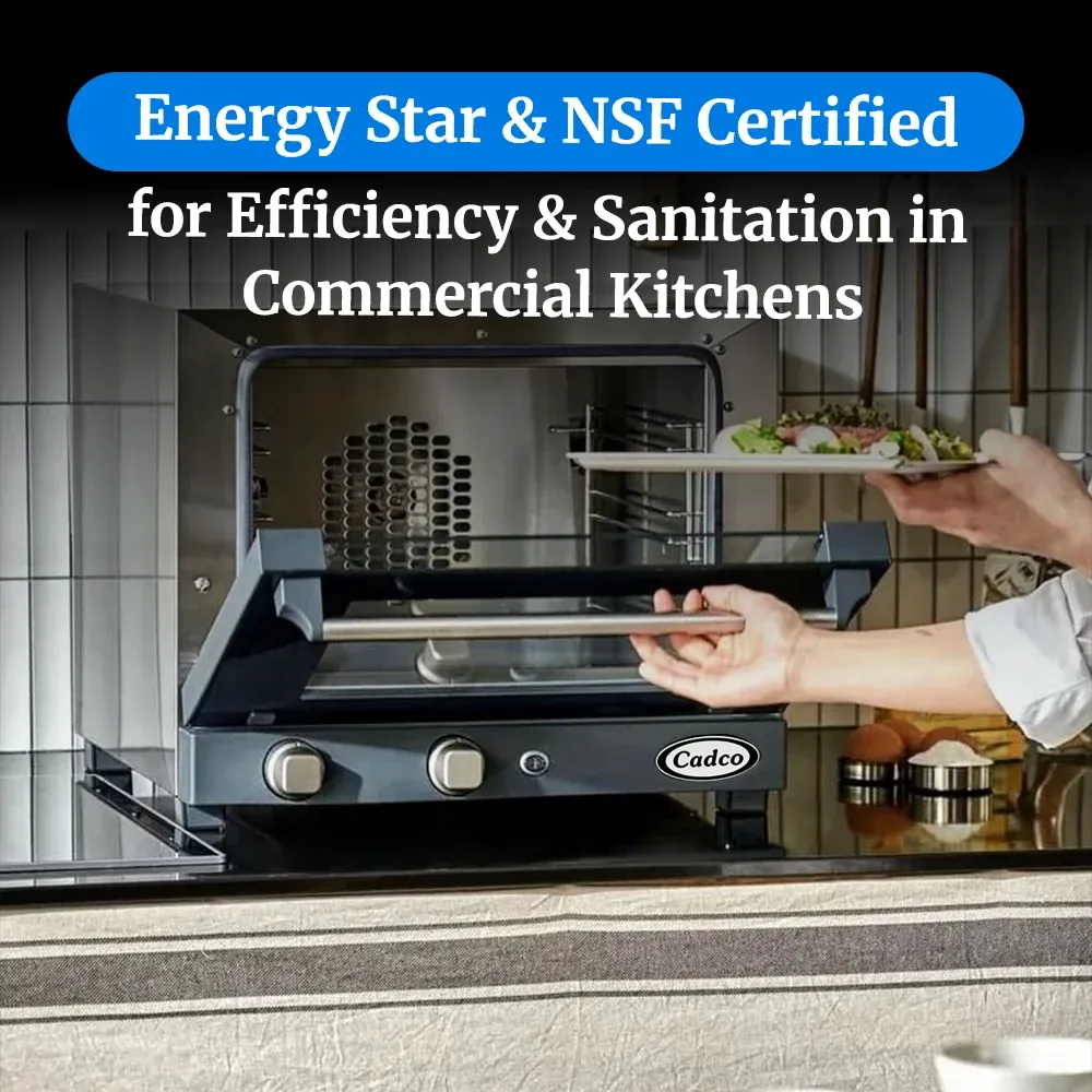 Cadco three-shelf half-size medium-duty convection oven, manual countertop stainless steel, compact adjustable durable catering kitchen.