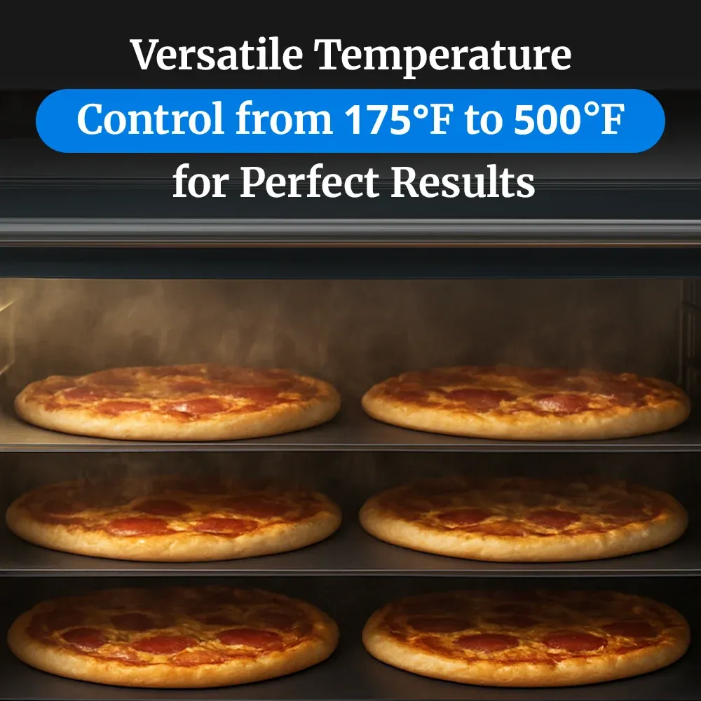 Cadco four-shelf half-size pizza convection oven with manual controls, stainless steel body, and compact design ideal for catering and kitchens.