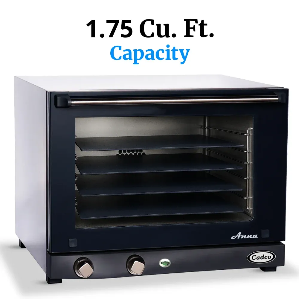 Cadco four-shelf half-size pizza convection oven with manual controls, stainless steel body, and compact design ideal for catering and kitchens.