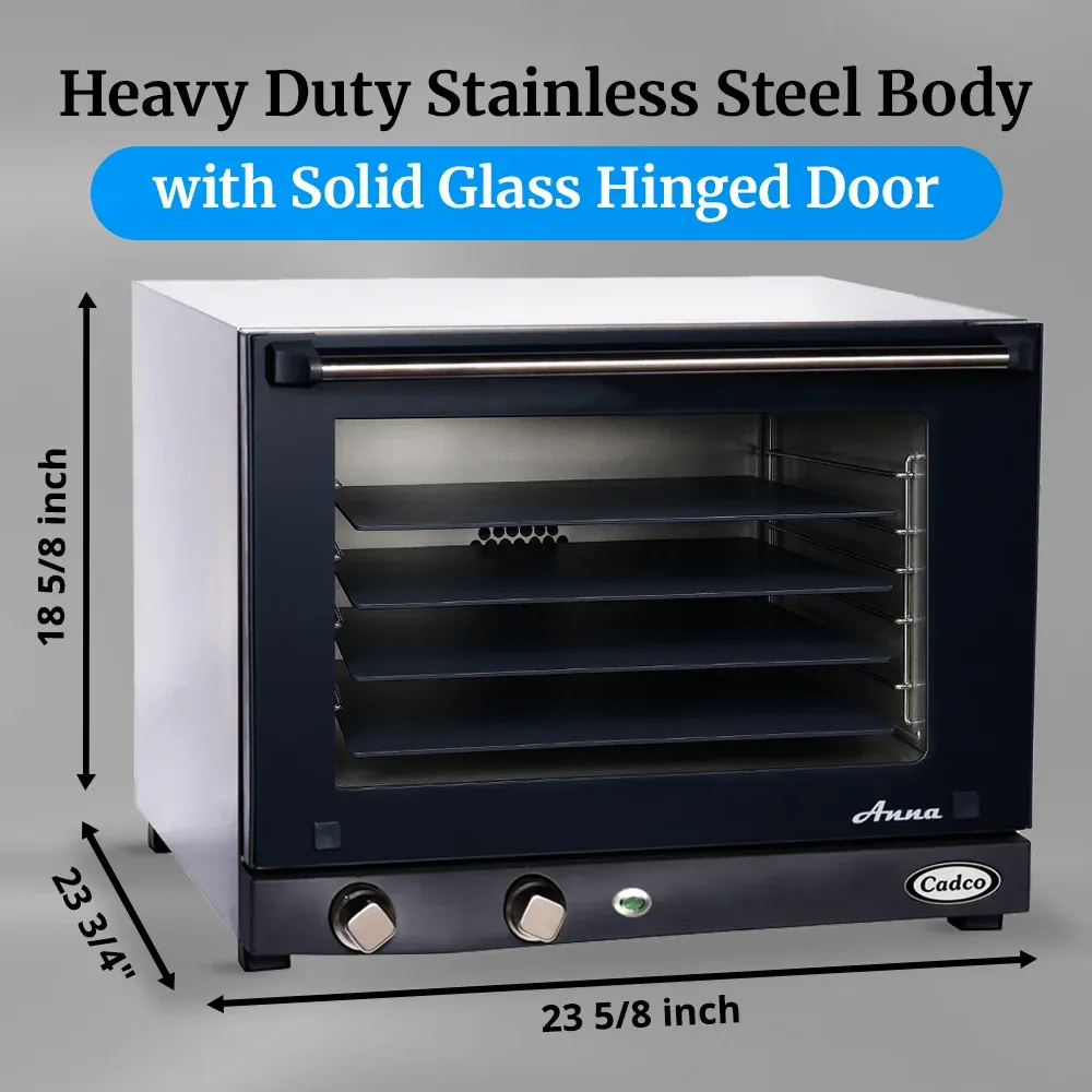 Cadco four-shelf half-size pizza convection oven with manual controls, stainless steel body, and compact design ideal for catering and kitchens.