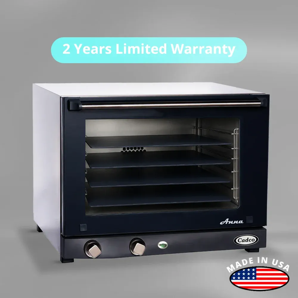 Cadco four-shelf half-size pizza convection oven with manual controls, stainless steel body, and compact design ideal for catering and kitchens.